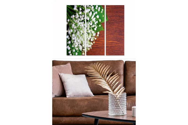 Canvastavla i trä 3-delar 50x70 cm - Vitsippor i en grön omgivning, Vit / Grön / Brun