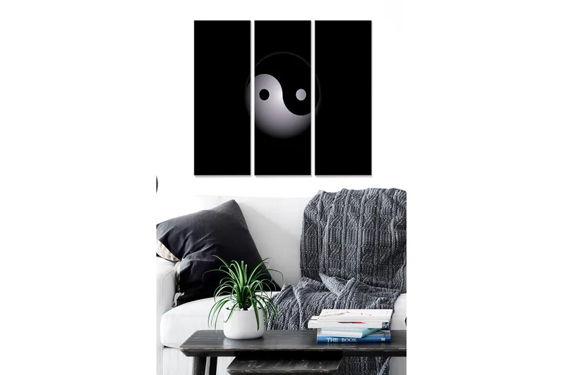 Canvastavla i trä 3-delar 50x70 cm - Yin och Yang-symbol i minimalistisk stil, Svart / Vit / Grå