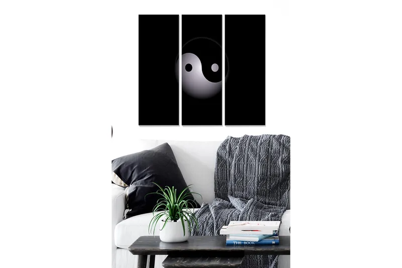 Canvastavla i trä 3-delar 50x70 cm - Yin och Yang-symbol i minimalistisk stil, Svart / Vit / Grå