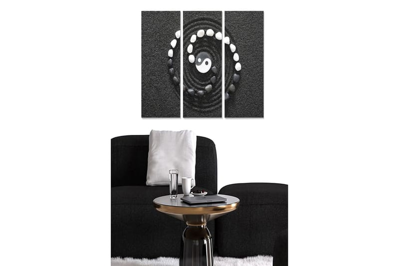 Canvastavla i trä 3-delar 50x70 cm - Yin och Yang-symbol i spiralform med stenar på svart bakgrund, Svart / Vit / Grå