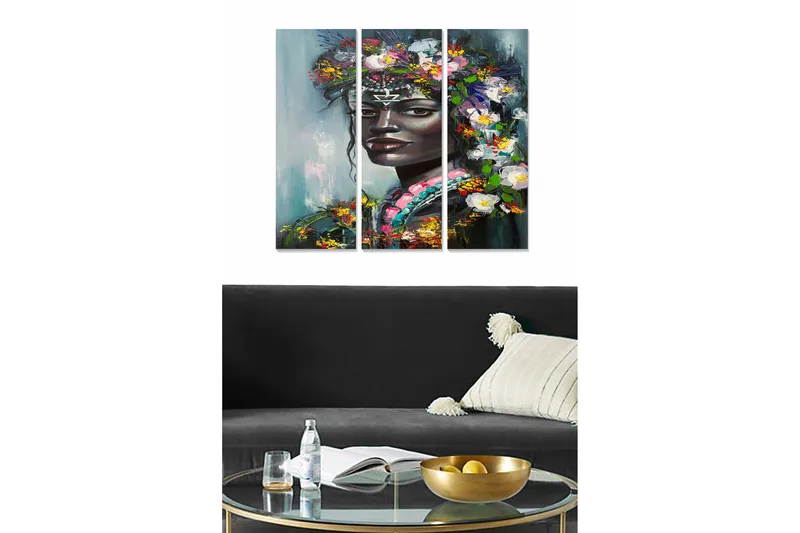 Canvastavla i trä 3-delar 50x70 cm - Porträtt av en kvinna med blommor i håret, Mörkgrön / Vit / Rosa