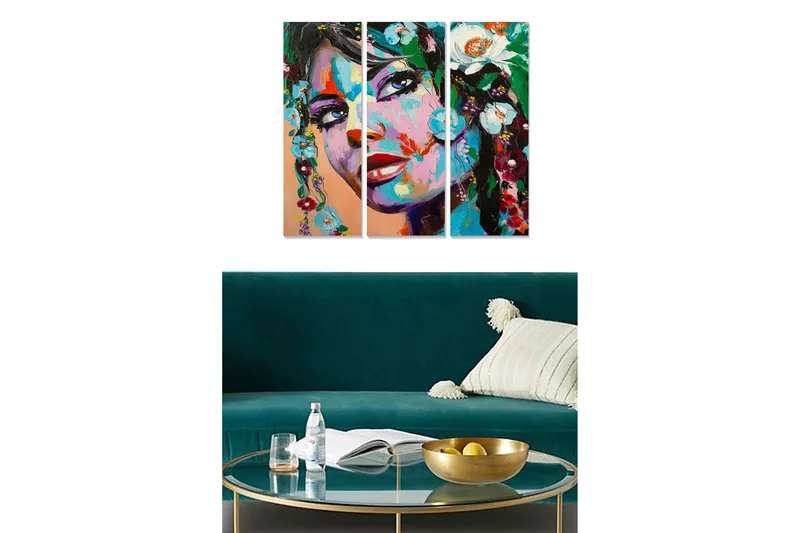 Canvastavla i trä 3-delar 50x70 cm - Porträtt av en kvinna med blommor i håret, Grön / Röd / Blå