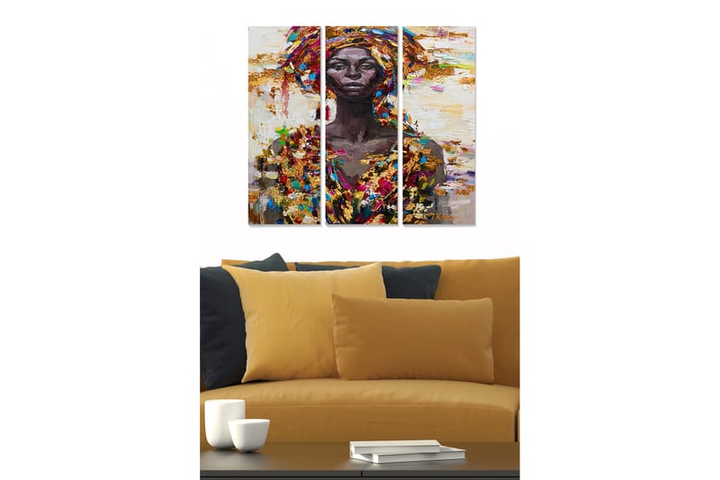 Canvastavla i trä 3-delar 50x70 cm - Porträtt av en kvinna med färgglad huvudbonad och kläder, Mörkbrun / Guld / Röd