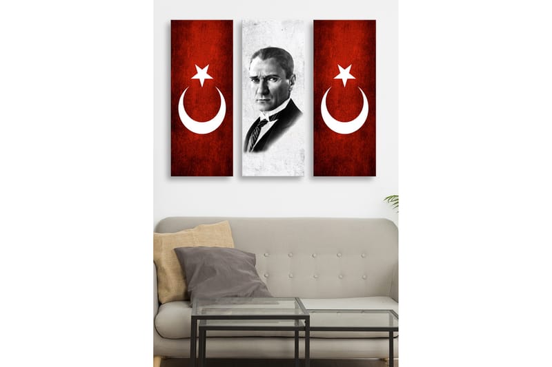 Canvastavla i trä 3-delar 50x70 cm - Porträtt av en man omgiven av symboler för Turkiet - Röd / Vit - Inredning & dekor - Tavlor & konst - Canvastavla