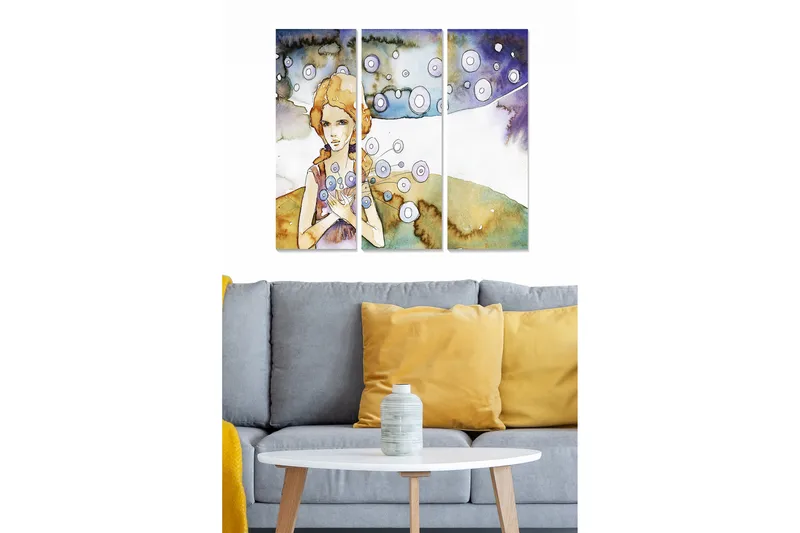 Canvastavla i trä 3-delar 50x70 cm - Porträtt av en kvinna med blommor i händerna och svävande cirklar omkring sig - Ljusblå / Beige / Lila - Inredning & dekor - Tavlor & konst - Canvastavla