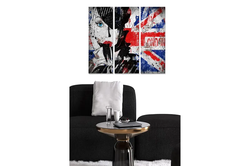 Canvastavla i trä 3-delar 50x70 cm - Porträtt av en kvinna med blå ögon och en grafisk bakgrund inspirerad av den brittiska flaggan - Röd / Blå / Svart - Inredning & dekor - Tavlor & konst - Canvastavla