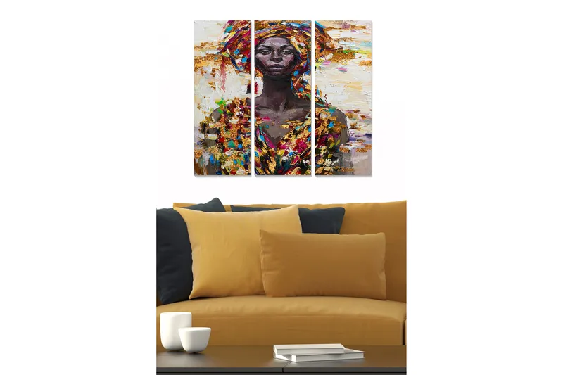 Canvastavla i trä 3-delar 50x70 cm - Porträtt av en kvinna med färgglad huvudbonad och kläder, Mörkbrun / Guld / Röd