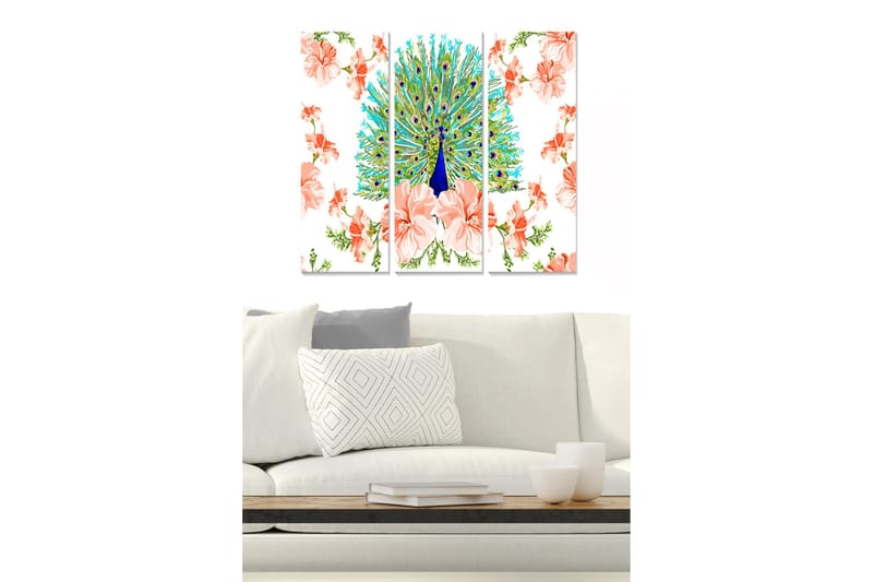 Canvastavla i trä 3-delar 50x70 cm - Praktfull påfågel omgiven av blommor - Turkos / Rosa / Grön - Inredning & dekor - Tavlor & konst - Canvastavla