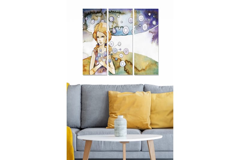 Canvastavla i trä 3-delar 50x70 cm - Porträtt av en kvinna med blommor i händerna och svävande cirklar omkring sig - Ljusblå / Beige / Lila - Inredning & dekor - Tavlor & konst - Canvastavla