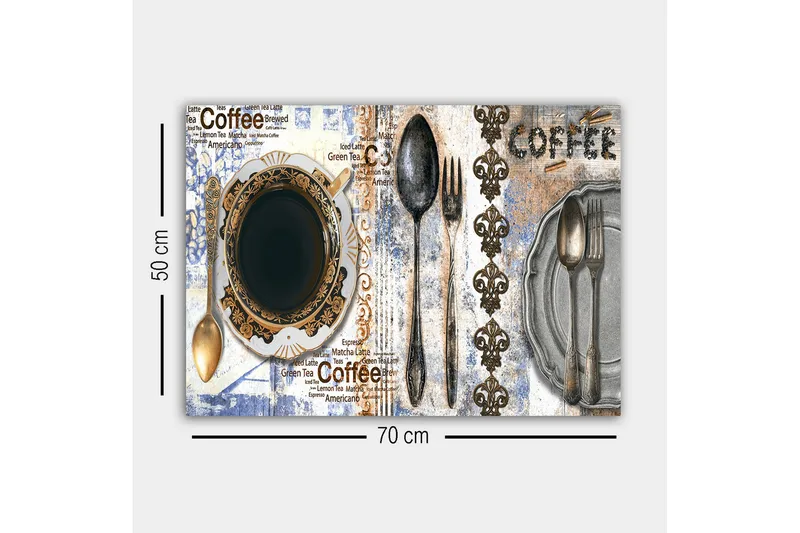Canvastavla - Kaffe och bestick på en dekorerad tallrik - Svart / Guld / Grå - Inredning & dekor - Tavlor & konst - Canvastavla