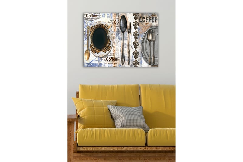 Canvastavla - Kaffe och bestick på en dekorerad tallrik - Svart / Guld / Grå - Inredning & dekor - Tavlor & konst - Canvastavla