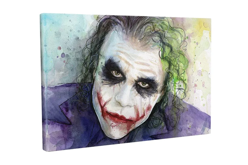 Canvastavla - Karaktärsbild av en joker med dramatiskt smink och uttrycksfulla ögon, Lila / Grön / Vit