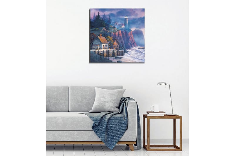 Canvastavla - Klippig kust med fyr och pittoreska hus - Mörkblå / Grå / Röd - Inredning & dekor - Tavlor & konst - Canvastavla