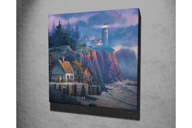 Canvastavla - Klippig kust med fyr och pittoreska hus - Mörkblå / Grå / Röd - Inredning & dekor - Tavlor & konst - Canvastavla