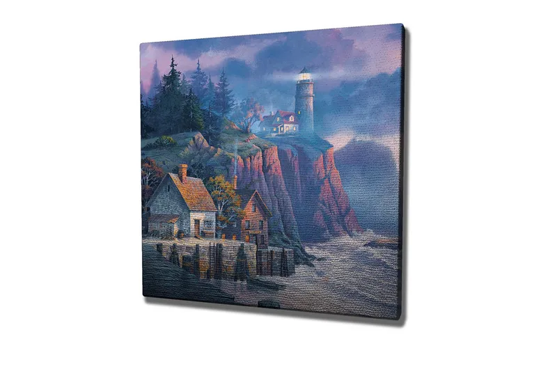 Canvastavla - Klippig kust med fyr och pittoreska hus, Mörkblå / Grå / Röd
