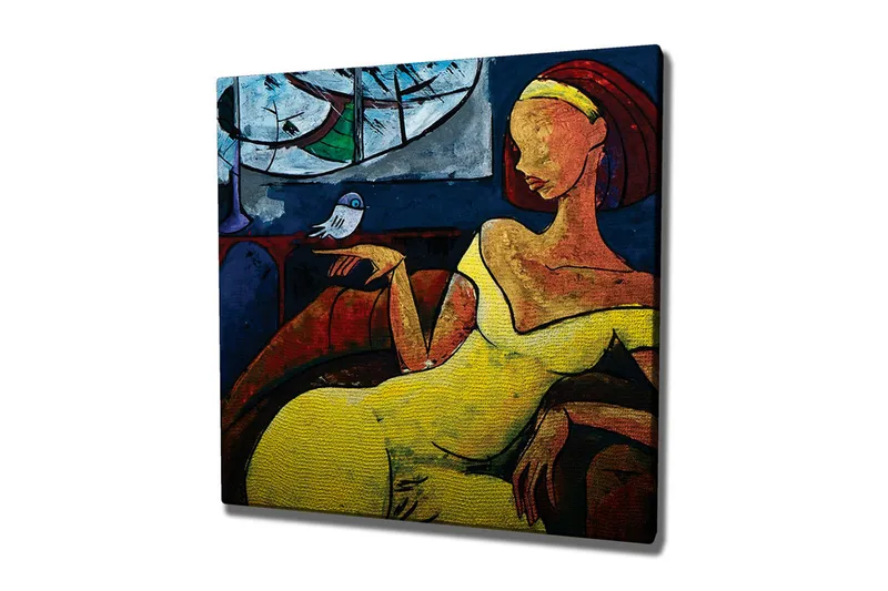 Canvastavla - Kvinna i gul klänning som sitter med en fågel på handen - Gul / Blå / Röd - Inredning & dekor - Tavlor & konst - Canvastavla