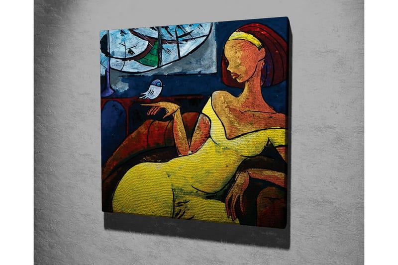 Canvastavla - Kvinna i gul klänning som sitter med en fågel på handen - Gul / Blå / Röd - Inredning & dekor - Tavlor & konst - Canvastavla