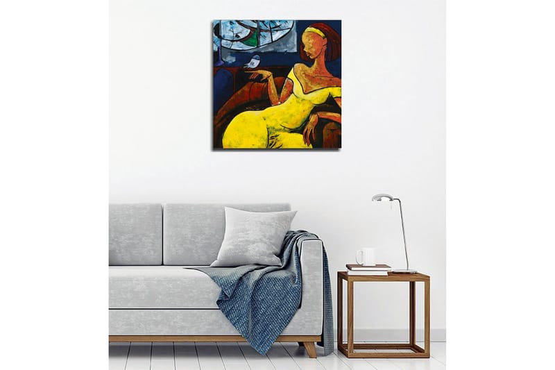 Canvastavla - Kvinna i gul klänning som sitter med en fågel på handen - Gul / Blå / Röd - Inredning & dekor - Tavlor & konst - Canvastavla