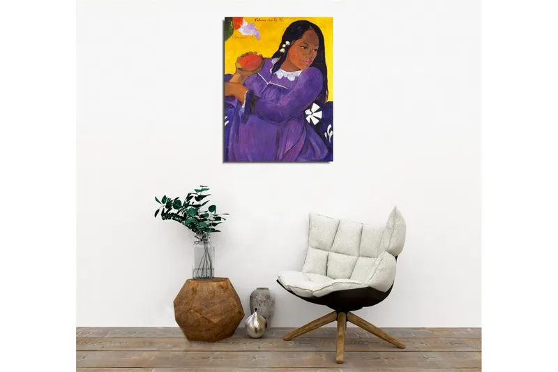 Canvastavla - Kvinna i lila klänning som håller en frukt - Lila / Gul / Vit - Inredning & dekor - Tavlor & konst - Canvastavla