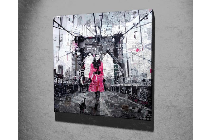 Canvastavla - Kvinna i rosa kappa som promenerar med en katt på en bro - Rosa / Svart / Grå - Inredning & dekor - Tavlor & konst - Canvastavla
