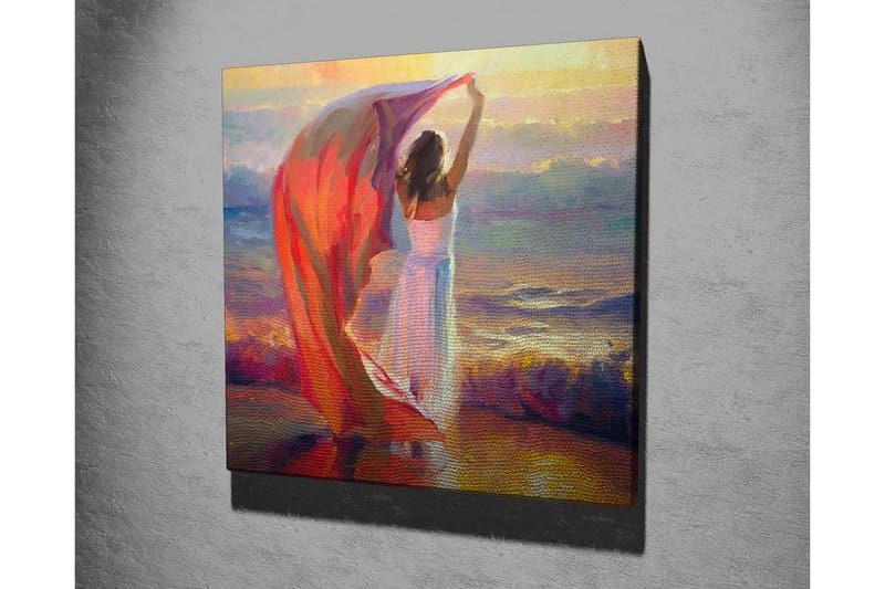 Canvastavla - Kvinna som håller upp en röd sjal vid havet - Röd / Vit / Blå - Inredning & dekor - Tavlor & konst - Canvastavla