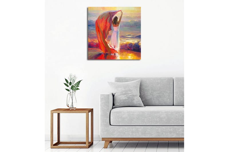 Canvastavla - Kvinna som håller upp en röd sjal vid havet - Röd / Vit / Blå - Inredning & dekor - Tavlor & konst - Canvastavla