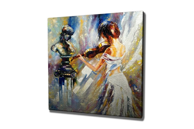 Canvastavla - Kvinna som spelar fiol med en skulptur i bakgrunden, Vit / Blå / Guld