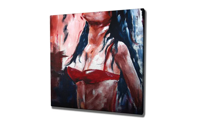 Canvastavla - Kvinnlig figur i röd bikini med mörkt hår, Röd / Svart / Hudton