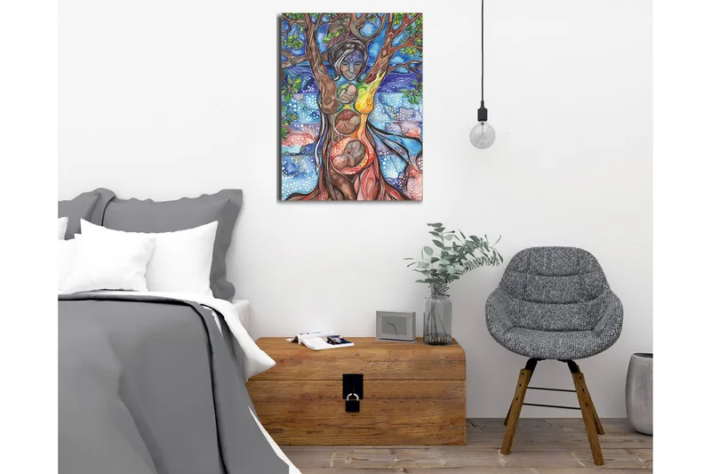 Canvastavla - Kvinnlig gestalt som förenar människa och natur genom trädets rötter och grenar - Grön / Blå / Brun - Inredning & dekor - Tavlor & konst - Canvastavla