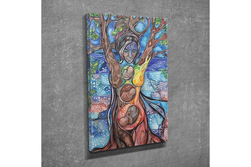 Canvastavla - Kvinnlig gestalt som förenar människa och natur genom trädets rötter och grenar - Grön / Blå / Brun - Inredning & dekor - Tavlor & konst - Canvastavla