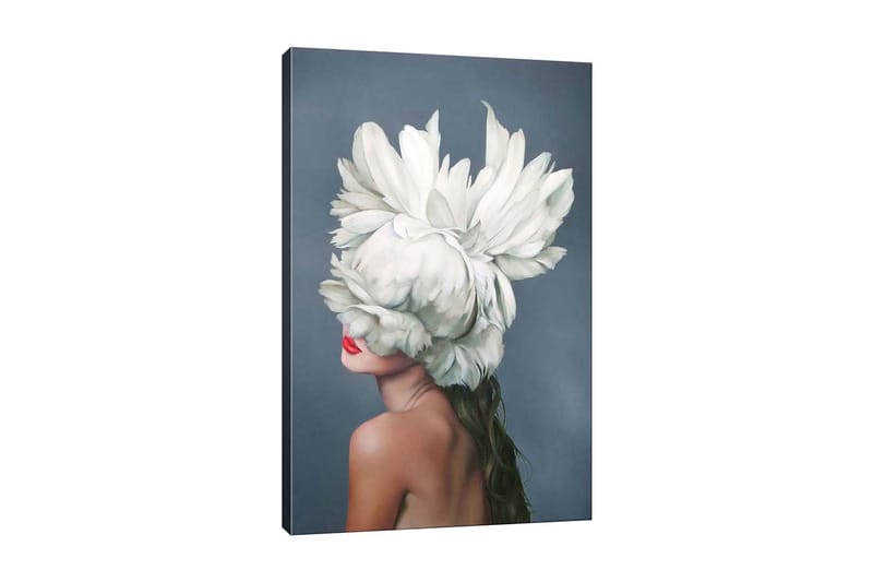 Canvastavla - Kvinnlig silhuett med en stor vit blomsterkrans som täcker ansiktet, Vit / Hudton / Röd