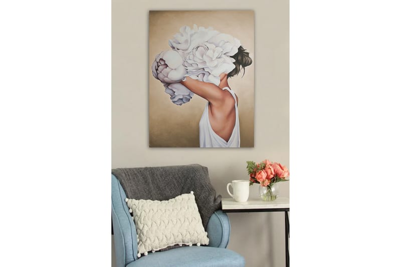 Canvastavla - Kvinnlig silhuett med stora vita blommor som döljer ansiktet - Vit / Beige / Ljusrosa - Inredning & dekor - Tavlor & konst - Canvastavla