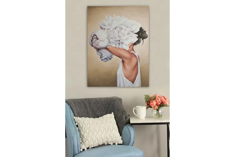 Canvastavla - Kvinnlig silhuett med stora vita blommor som döljer ansiktet - Vit / Beige / Ljusrosa - Inredning & dekor - Tavlor & konst - Canvastavla