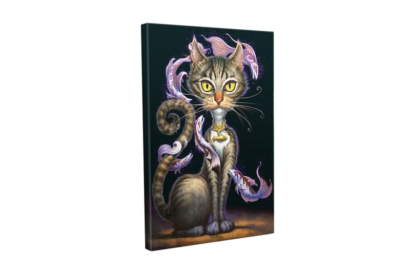 Canvastavla - Magisk katt med stora gula ögon och virvlande dekorativa fiskar runt kroppen, Svart / Lila / Brun