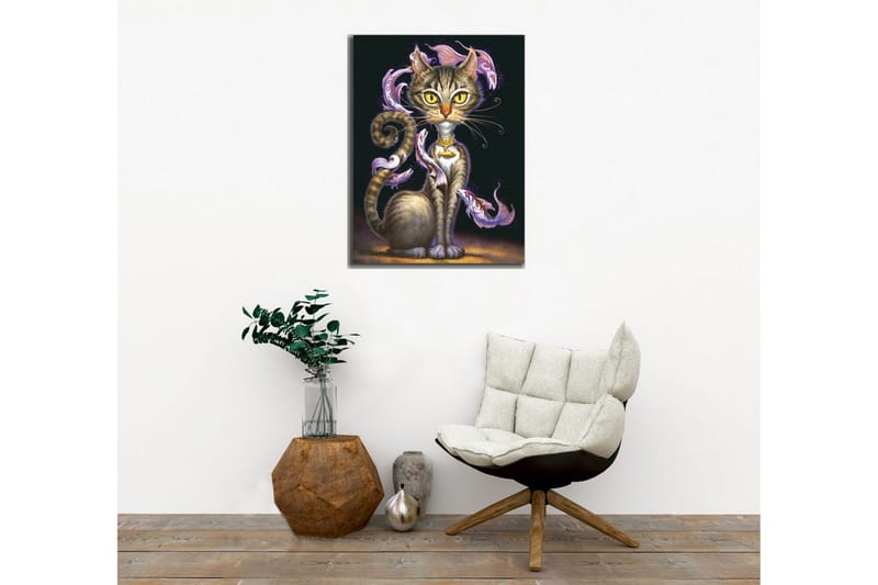 Canvastavla - Magisk katt med stora gula ögon och virvlande dekorativa fiskar runt kroppen - Svart / Lila / Brun - Inredning & dekor - Tavlor & konst - Canvastavla