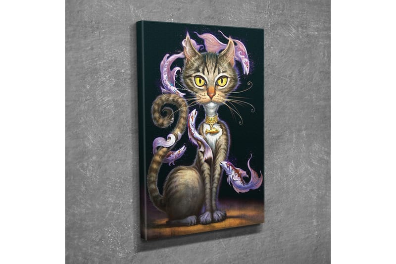 Canvastavla - Magisk katt med stora gula ögon och virvlande dekorativa fiskar runt kroppen - Svart / Lila / Brun - Inredning & dekor - Tavlor & konst - Canvastavla