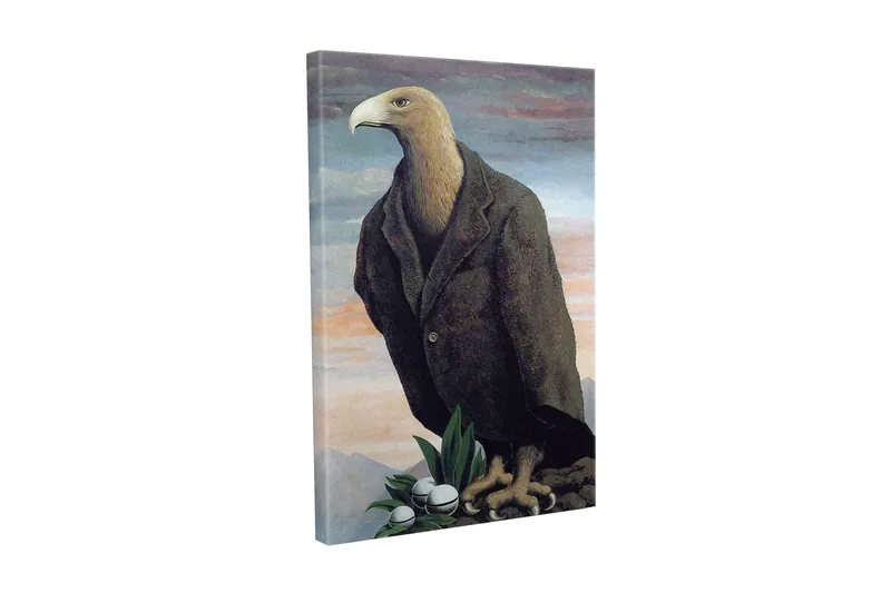 Canvastavla - Mänskligiserad örn i kostym stående på en klippa, Mörkbrun / Grön / Ljusblå
