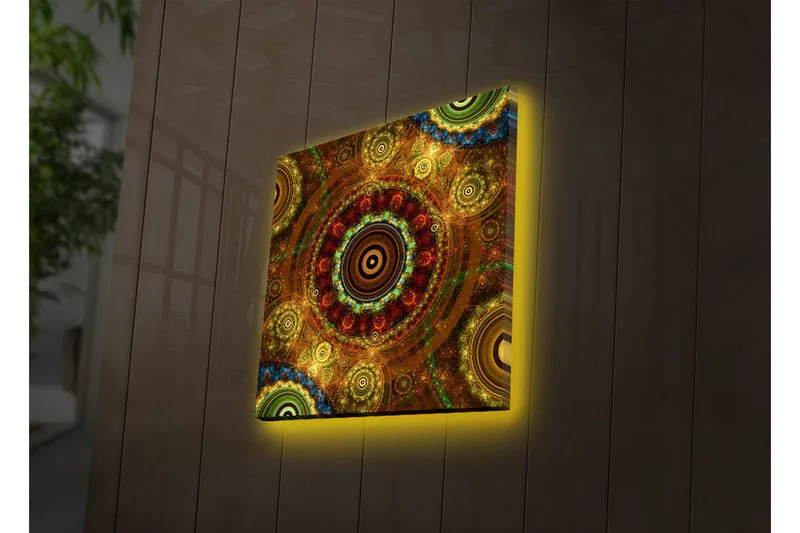 Canvastavla med LED-belysning 28x28 cm - Färgglad abstrakt komposition med cirkulära mönster - Guld / Röd / Grön - Inredning & dekor - Tavlor & konst - Canvastavla