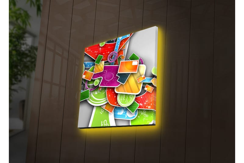 Canvastavla med LED-belysning 28x28 cm - Färgglad abstrakt komposition med geometriska former och mönster - Grön / Röd / Orange - Inredning & dekor - Tavlor & konst - Canvastavla