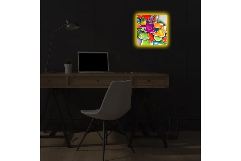 Canvastavla med LED-belysning 28x28 cm - Färgglad abstrakt komposition med geometriska former och mönster - Grön / Röd / Orange - Inredning & dekor - Tavlor & konst - Canvastavla