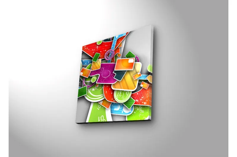 Canvastavla med LED-belysning 28x28 cm - Färgglad abstrakt komposition med geometriska former och mönster - Grön / Röd / Orange - Inredning & dekor - Tavlor & konst - Canvastavla