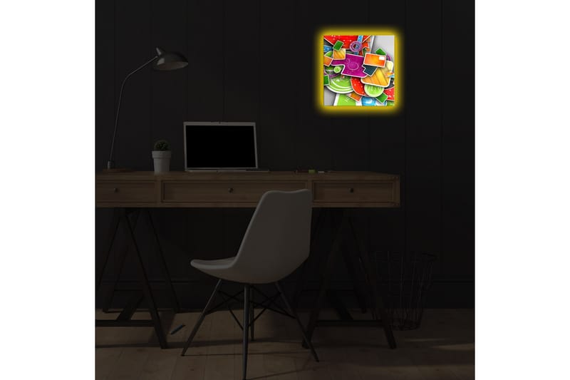 Canvastavla med LED-belysning 28x28 cm - Färgglad abstrakt komposition med geometriska former och mönster - Grön / Röd / Orange - Inredning & dekor - Tavlor & konst - Canvastavla