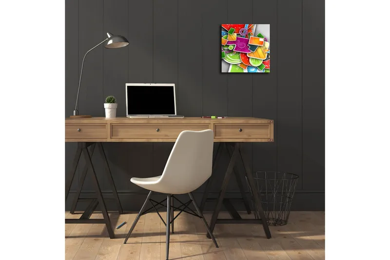 Canvastavla med LED-belysning 28x28 cm - Färgglad abstrakt komposition med geometriska former och mönster - Grön / Röd / Orange - Inredning & dekor - Tavlor & konst - Canvastavla