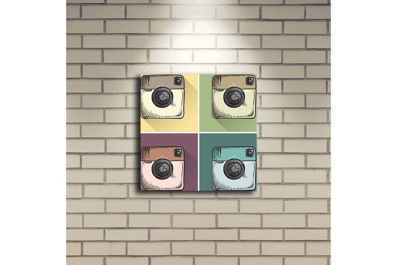Canvastavla med LED-belysning 28x28 cm - Färgglad collage av kameror i olika nyanser - Gul / Grön / Brun - Inredning & dekor - Tavlor & konst - Canvastavla
