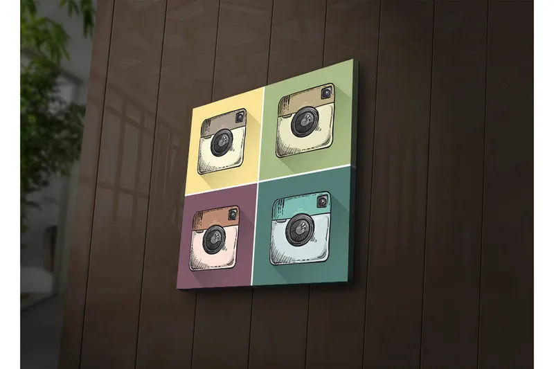 Canvastavla med LED-belysning 28x28 cm - Färgglad collage av kameror i olika nyanser - Gul / Grön / Brun - Inredning & dekor - Tavlor & konst - Canvastavla