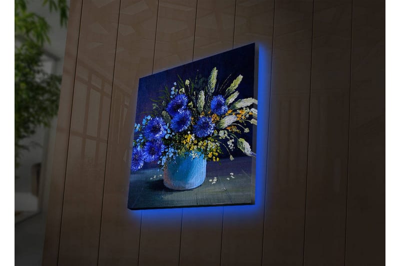 Canvastavla med LED-belysning 28x28 cm - Färgrik bukett av blommor i en vas, Blå / Grön / Gul