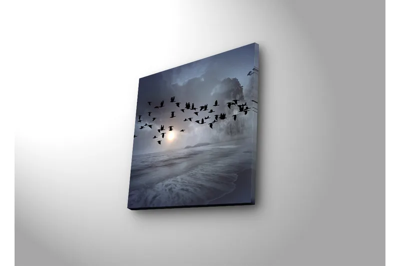 Canvastavla med LED-belysning 28x28 cm - Flock av fåglar som flyger över en dimmig havslandskap - Mörkblå / Grå / Vit - Inredning & dekor - Tavlor & konst - Canvastavla
