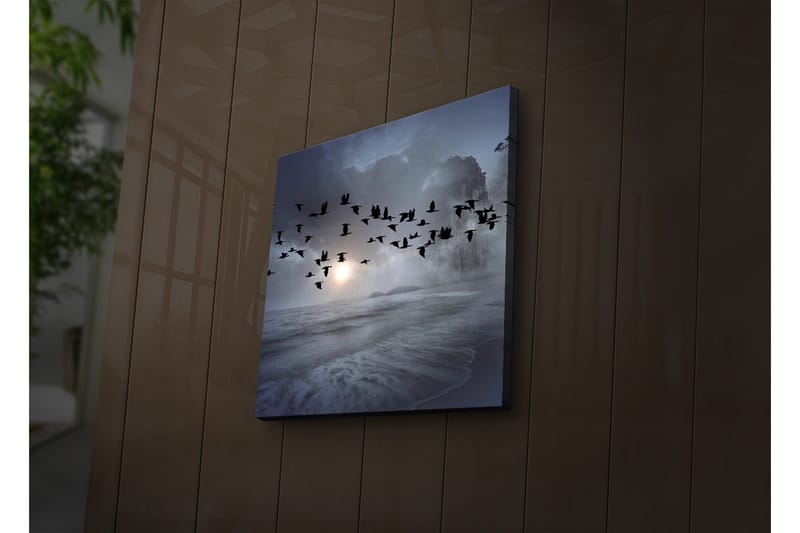Canvastavla med LED-belysning 28x28 cm - Flock av fåglar som flyger över en dimmig havslandskap - Mörkblå / Grå / Vit - Inredning & dekor - Tavlor & konst - Canvastavla