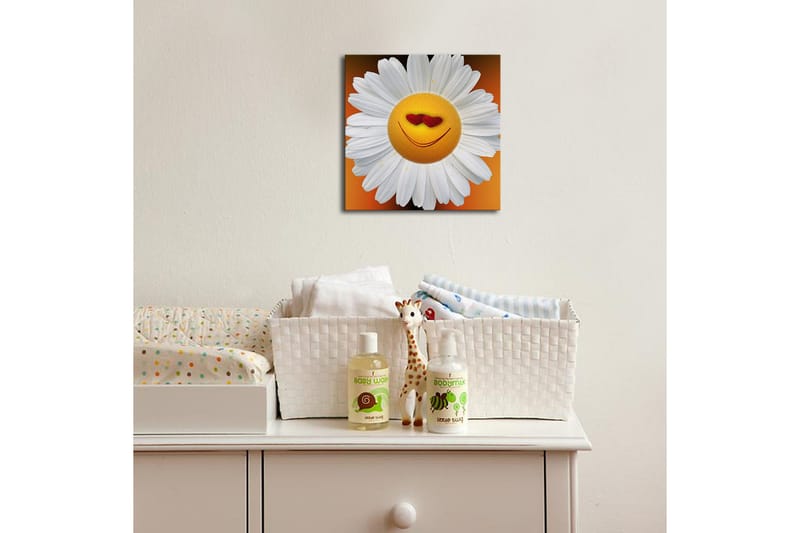 Canvastavla med LED-belysning 28x28 cm - Glad blomma med leende ansikte och hjärtformade ögon - Vit / Orange / Gul - Inredning & dekor - Tavlor & konst - Canvastavla
