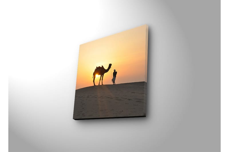 Canvastavla med LED-belysning 28x28 cm - Kamel och människa i solnedgång på sanddyner - Orange / Gul / Svart - Inredning & dekor - Tavlor & konst - Canvastavla